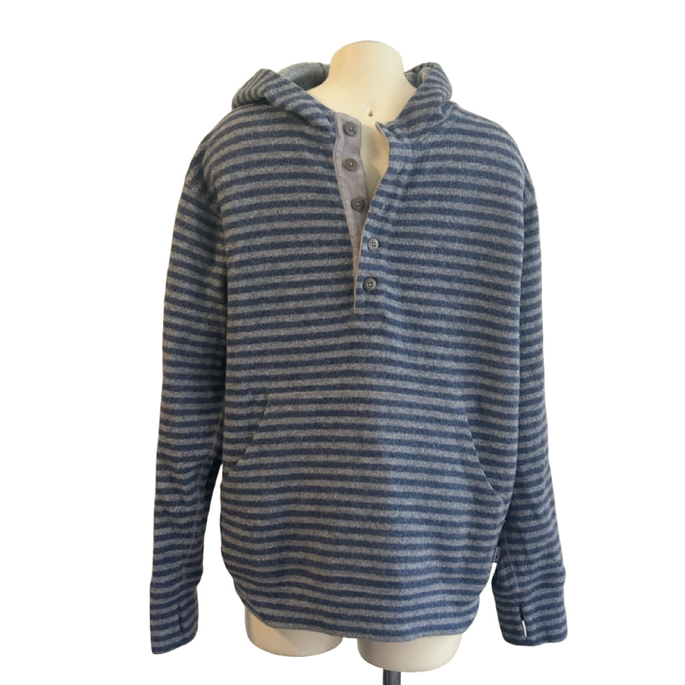 PATAGONIA LARGE hooded pocketed thumbholes Cozy Blue gray striped top